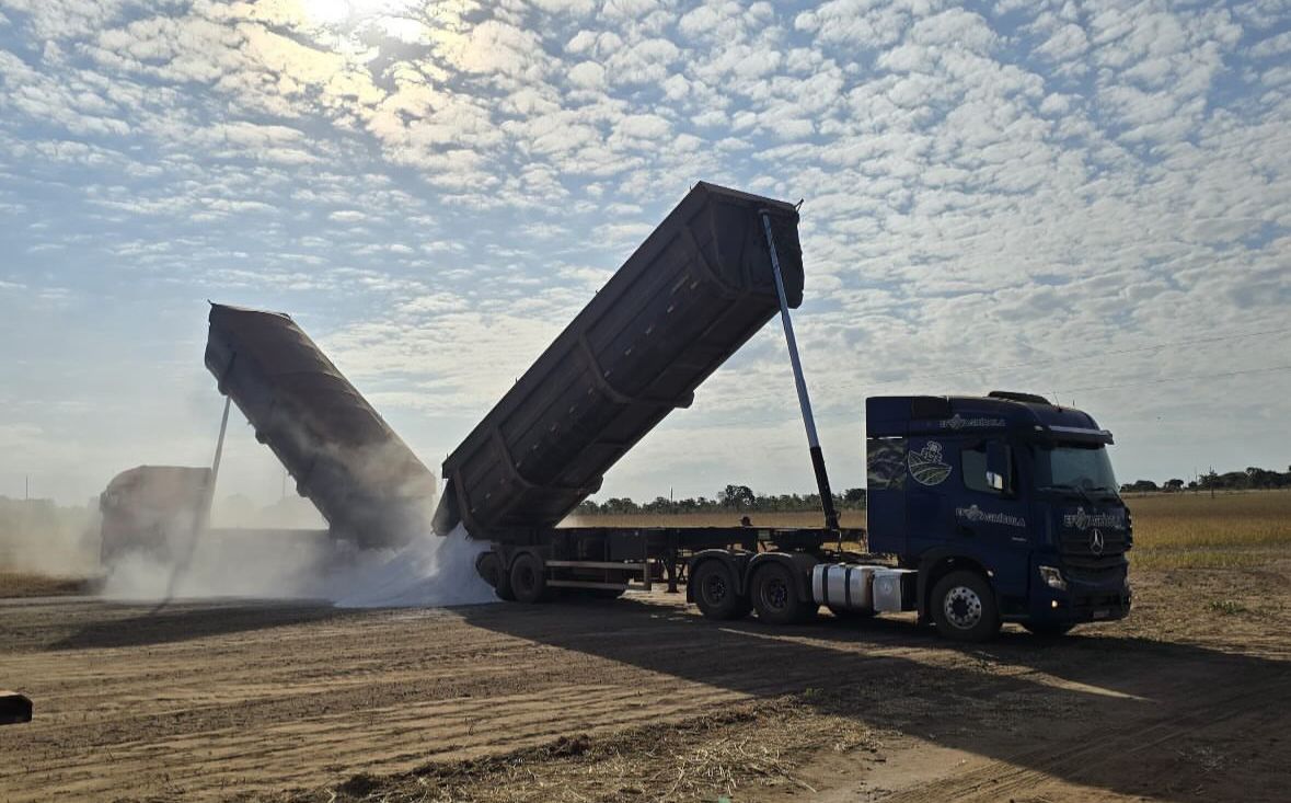 Rodotrem transportando grãos em estrada rural